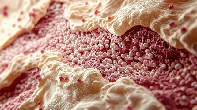 Illustration of human skin layers in lupus, showing immune cell infiltration at dermal-epidermal junction, mast cells and lymphocytes migrating through tissue, collagen fibers disrupted