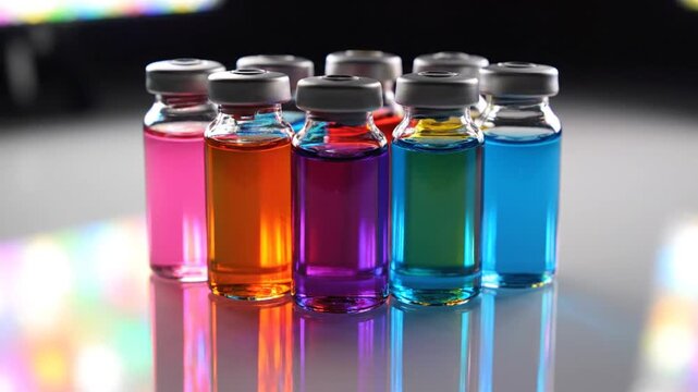 Multiple glass vials filled with colorful liquids on reflective surface
