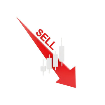 A red arrow pointing downward with a sell sign and white stock market charts on a black background