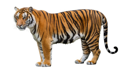 Fototapeta premium Orange striped tiger standing, gazing forward with intense yellow eyes