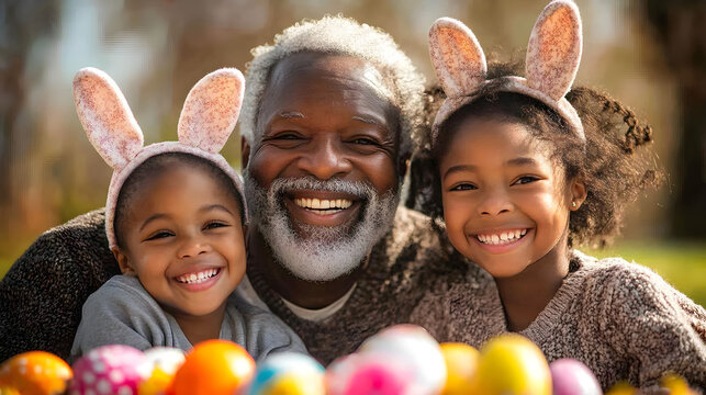 Happy grandfather and two grandchildren wearing bunny ears together during colorful Easter egg hunt in park.