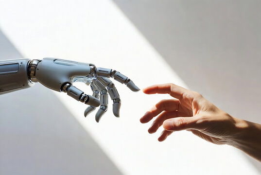 A robotic hand reaches toward a human hand, symbolizing connection and the intersection of technology and humanity.
