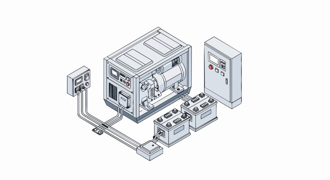 Isometric Illustration of an Industrial Backup Power Generator System with Control Panels and Batteries