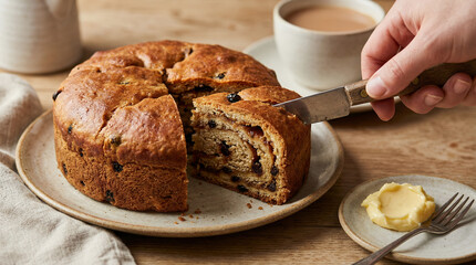 Naklejka premium Lardy Cake Traditional British Yeast Cake with Lard and Sugar