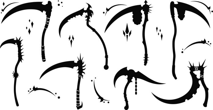 Spooky scythe silhouettes collection with horror weapon shapes dark fantasy elements and halloween illustration set