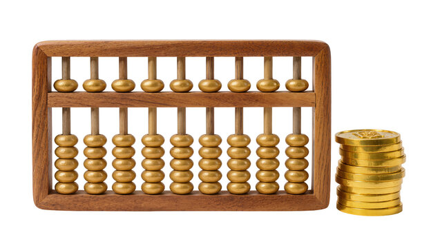 Antique wooden abacus with ten golden coins stacked beside it