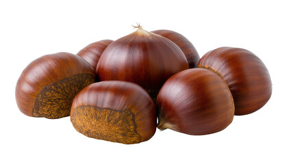 Fototapeta premium Glossy brown chestnuts piled together, showcasing their textured shells and natural forms