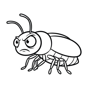 A grumpy cartoon beetle with an angry face expression line art for coloring book.