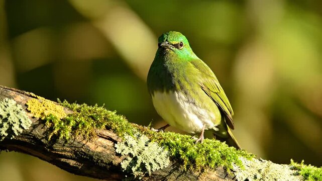 Green bird perched on mossy branch in sunlight