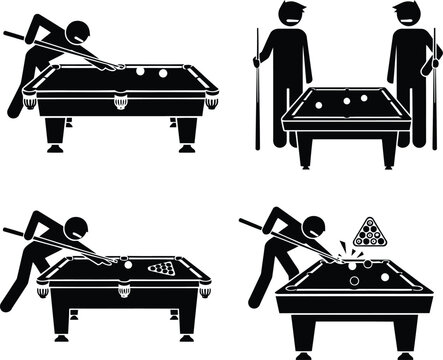 Stick figure silhouettes playing pool and billiards in various poses and actions