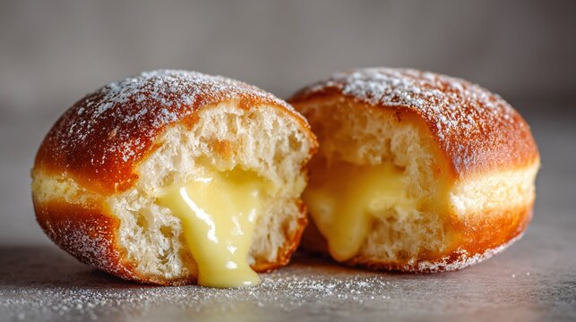 A custard-filled doughnut sliced in half with creamy center visible under soft bakery lighting