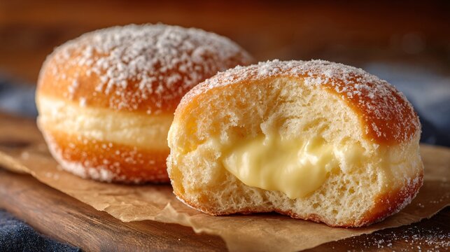 A custard-filled doughnut sliced in half with creamy center visible under soft bakery lighting