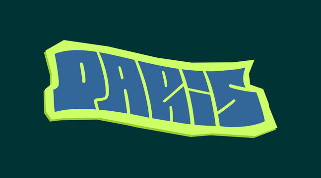 Paris City Name Written in Bold Graffiti Tag Sticker Style with Vibrant Blue and Green Block Lettering for Urban Streetwear and Souvenir Design