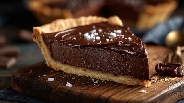A rich chocolate custard pie sliced neatly on a wooden farmhouse table
