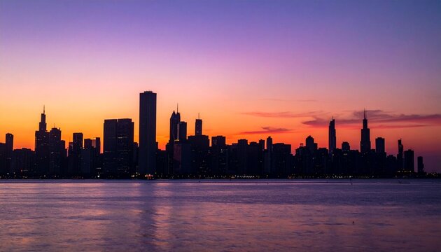 Chicago skyline at dusk with vibrant sunset reflection over water