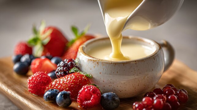 A silky custard sauce being poured from a small jug over fresh fruit