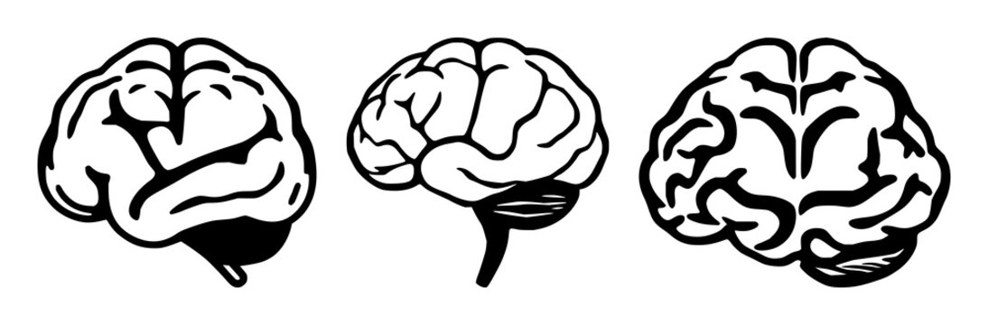 Solid black icon, white background: neurology brain synapse icon set with simple line art design featuring outline, illustration, graphic elements with clean design and vector art