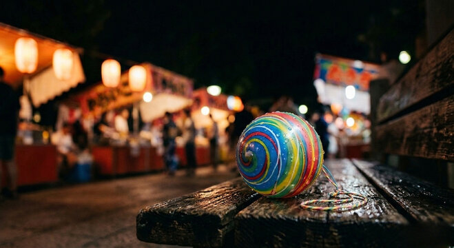 Colorful water yoyo on wooden bench at Japanese summer festival