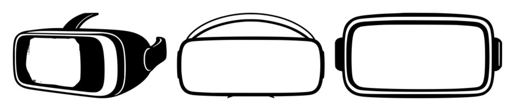 Solid black icon, white background: virtual reality (VR) headset set with simple line art design featuring line art, illustrations, graphic resources with vector and design elements
