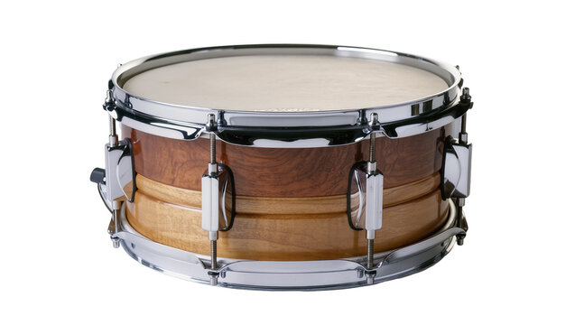 Wooden snare drum with chrome hardware, displaying natural grain patterns