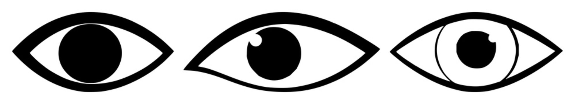 Eye icon set with solid black graphic on white background featuring eye, computer, vision, scanning with technology and design