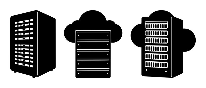 AI server rack icon set with solid black design and white background featuring cloud computing, server rack, AI, technology with graphics and illustration
