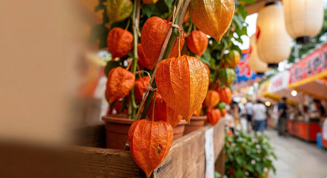 Vibrant orange Japanese winter cherry lanterns at summer market