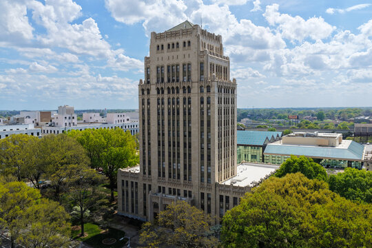 Aerial drone photo of the Atlanta City Hall building in Atlanta.