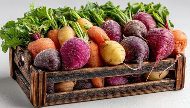 A wooden basket filled with beets, carrots and green leafy vegetables isolated on white background photo realistic picture taken using canon r6 mark ii high resolution wide angle lens .