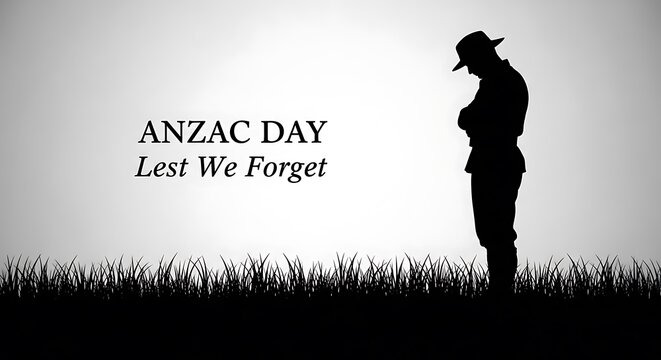 ANZAC Day Lest We Forget commemorative banner, silhouette of Australian soldier in slouch hat, solemn military remembrance background with grass