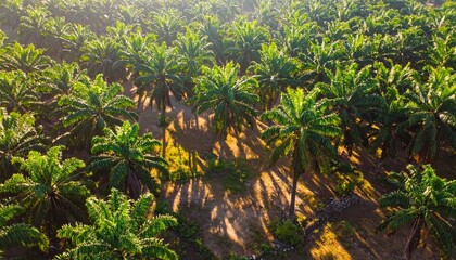 Fototapeta premium Aerial view of lush tropical palm forest with sunlight filtering through dense canopy