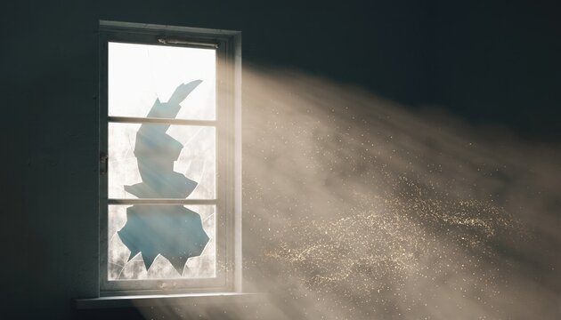 Broken window with sunlight and dust