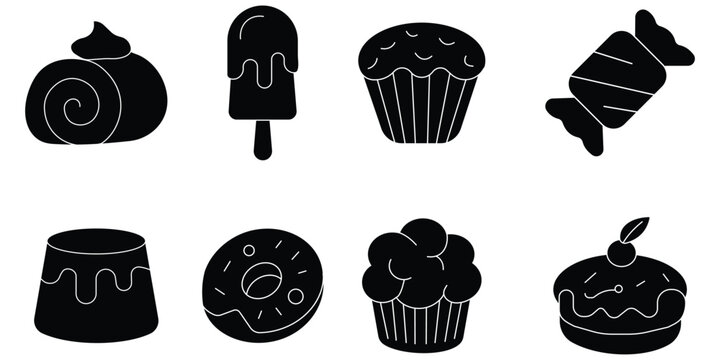 Tasty sweet dessert cake icon. Silhouette sweet dessert icon vector set.  Cup cake, Ice cream, delicious, candy, pastry and more. Vector illustration. 