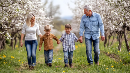 Fototapeta premium Happy multi-generational family walking hand-in-hand through blossoming orchard on a beautiful spring day.