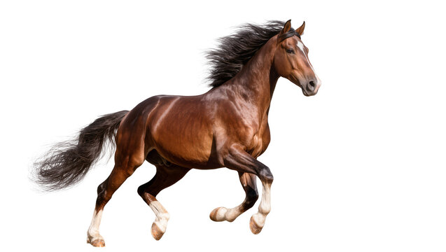 Bay galloping horse, muscular physique with flowing black mane and tail