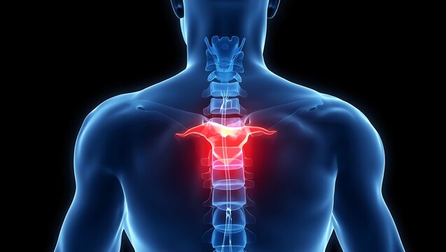 Hyper detailed 3D medical illustration of herniated spinal disc compressing nerve root with red pain highlight, transparent torso, healthcare concept for diagnosis and treatment visuals.