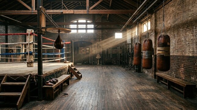 Panoramic old boxing gym with ring ropes and speed bag