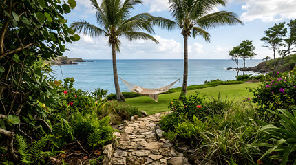 Fototapeta premium Tropical getaway with hammock overlooking serene ocean expanse and lush green foliage framing the view providing idyllic relaxation outdoors ocean