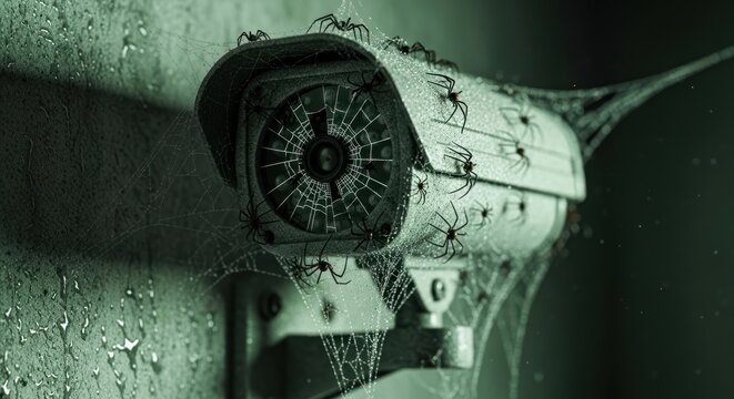 Abandoned Security Camera Covered in Cobwebs and Dust.