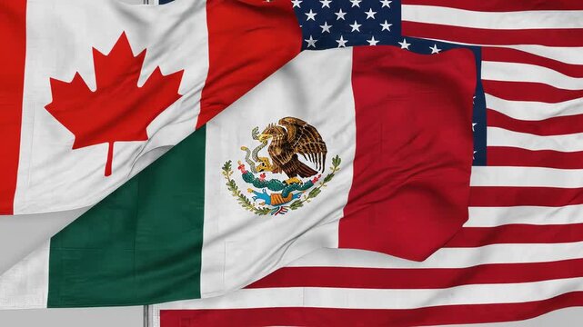 Flags of canada, mexico, and the united states of america waving together, representing north american cooperation and the usmca trade agreement