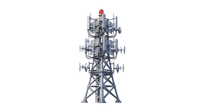 A detailed, modern telecommunications cell tower featuring multiple antennas, dishes, and a red warning light on transparent background.