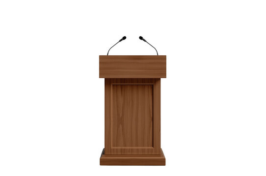 Wooden podium with microphones for public speaking