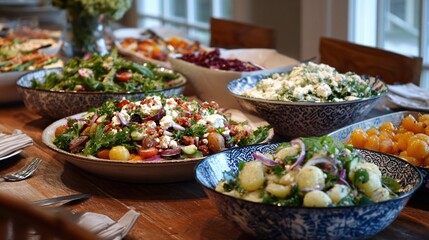 Fototapeta premium A farmhouse table spread with multiple salads and potato salad prominently placed