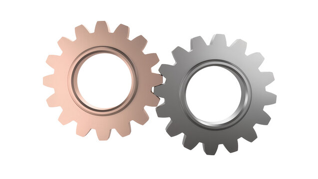 Copper silver gear wheels interlocking, demonstrating mechanical engineering concepts