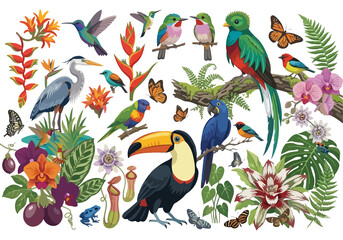 Vector collection of tropical birds including toucan, macaw, quetzal, and heron with exotic flowers, palm leaves, and butterflies isolated on white background. © MD
