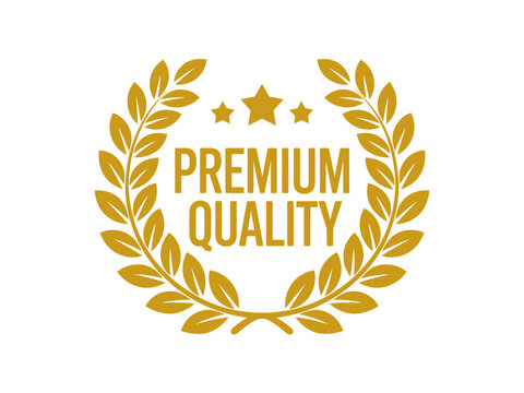 A premium quality logo with a laurel wreath and stars, symbolizing excellence and high standards.