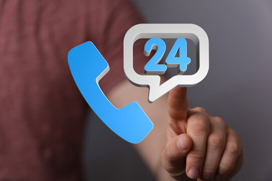24/7 customer support concept with a hand interacting with a 3D phone icon and speech bubble showing round-the-clock ava
