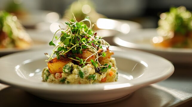 A gourmet restaurant plating of potato salad with microgreens garnish