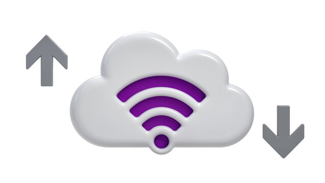 Fluffy gray cloud, featuring purple wifi signal waves and arrows