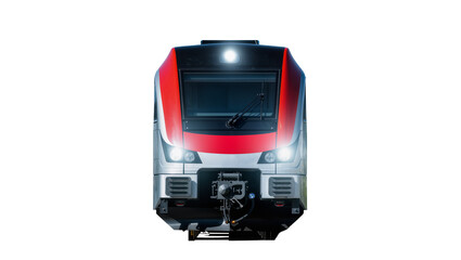 Modern red high-speed train front, featuring multiple headlights and complex mechanical details © Eva